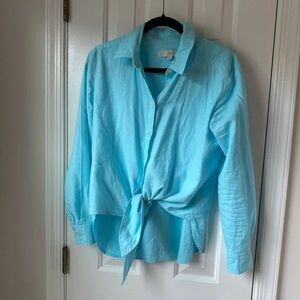 LOFT Sky Blue Tie-Front Button Down Shirt